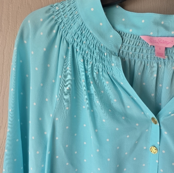 Lilly Pulitzer Elsa 100% Silk Tunic Sz S Popover PolkaDot Blue White Colorful - Picture 9 of 12